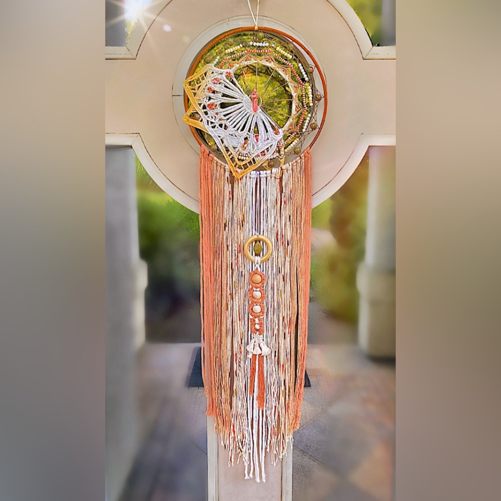 Handmade Pink Tan Gold Silk Woven Crystal Bead Dreamcatcher Macrame Wall Hanging